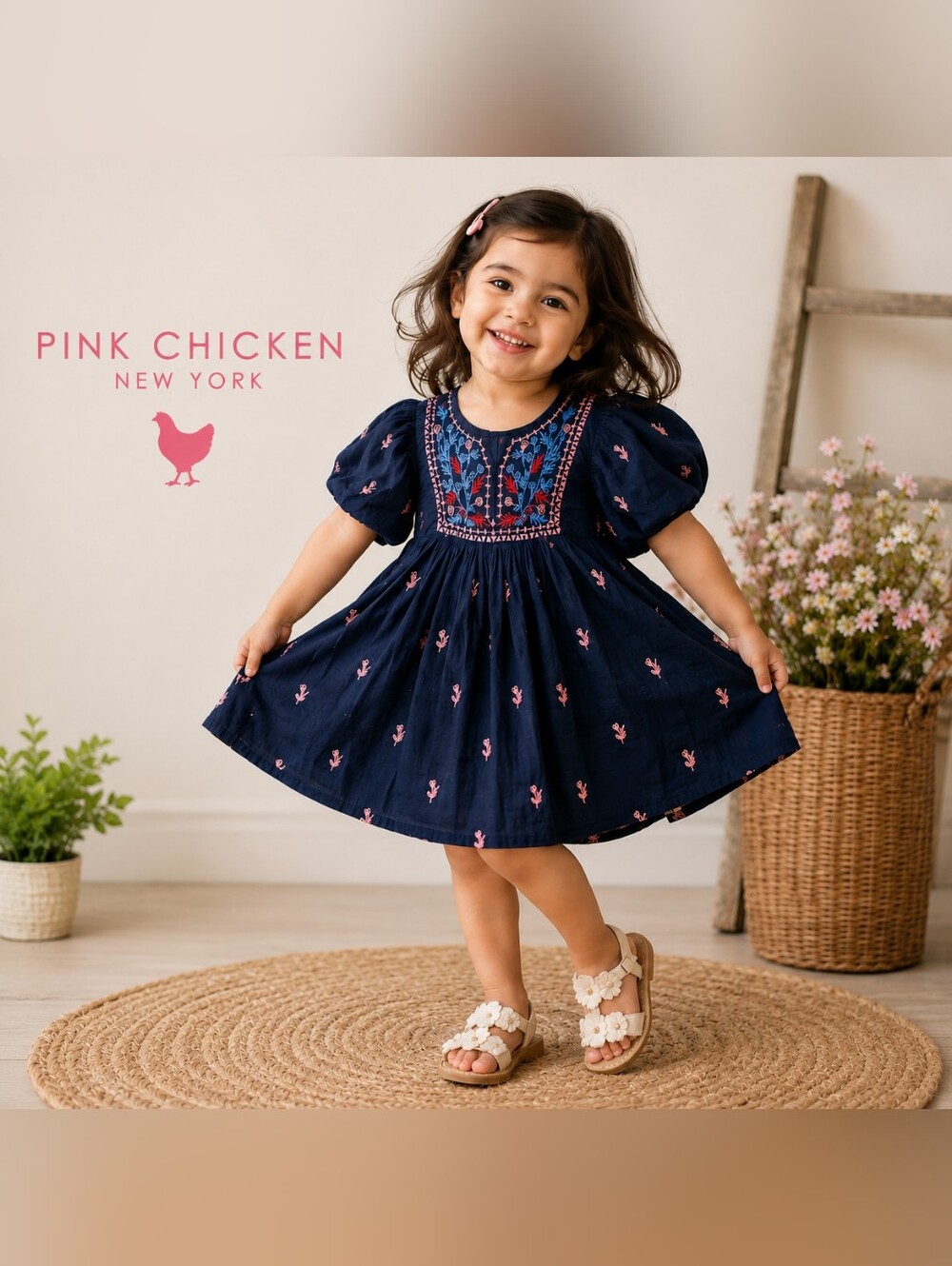 Pink Chicken New York Girls Embroidered Cotton Dress Size 2Y Navy Boho #2081